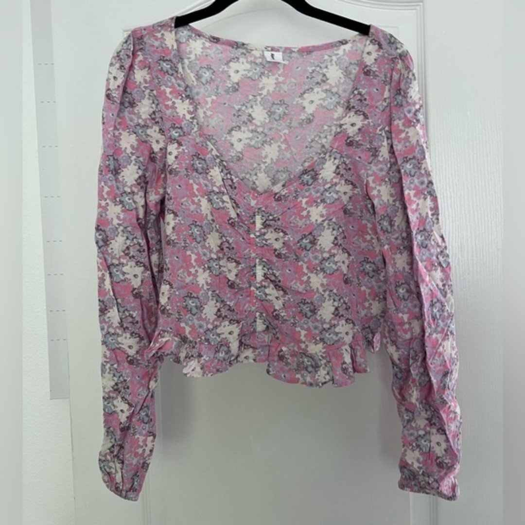Perfect Abound Cinched Floral Blouse Pink Cream Blue Lo