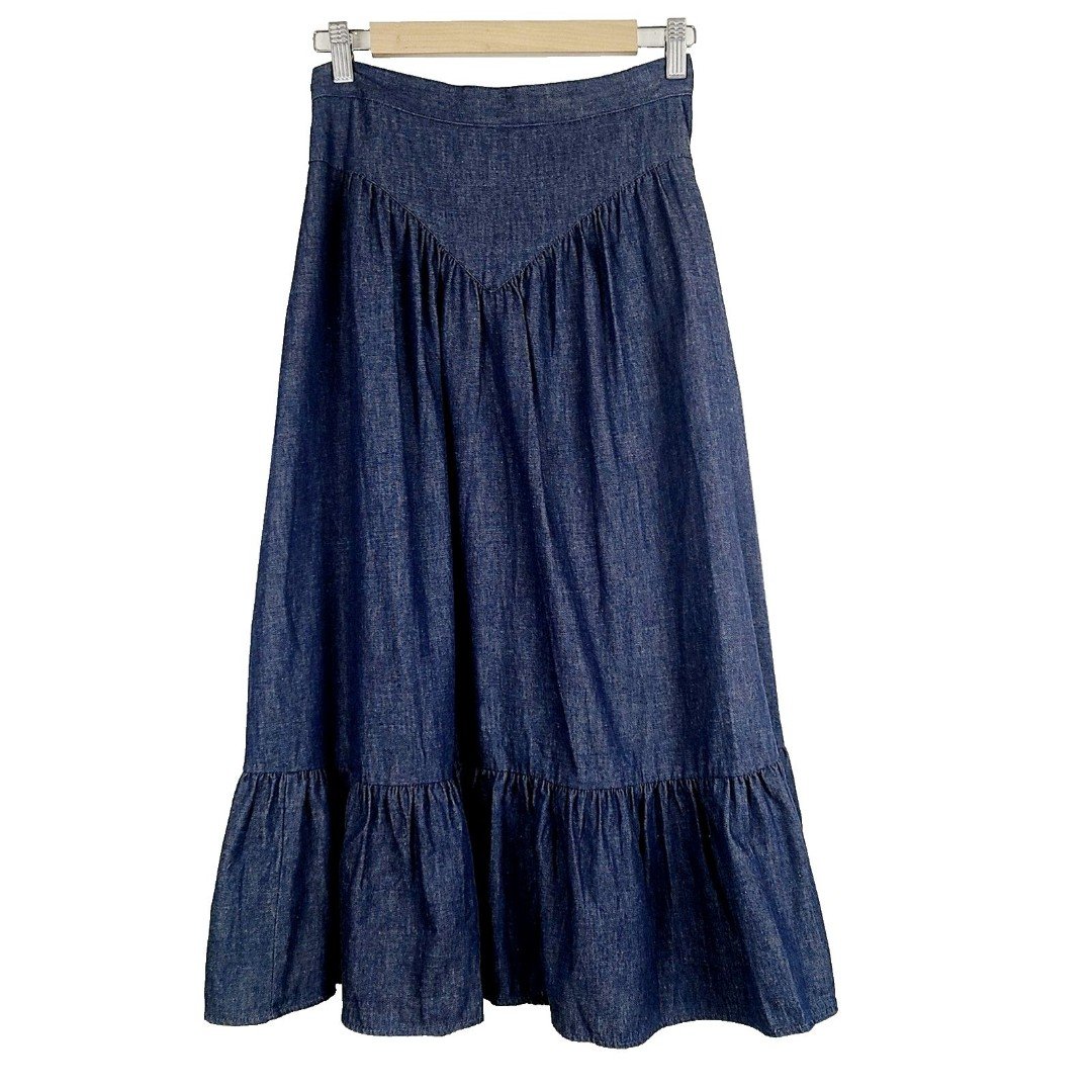 Perfect Vintage Anne Gelb For Leo´s Co Denim Skirt 11/12 Blue Ruffle A-Line Midi mukXerder best sale