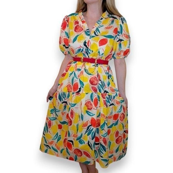 Beautiful Vintage Women Puff Sleeve Fruit Print Midi Dress V Neck Yellow Red Size 12 FlOXu3XMi outlet online shop