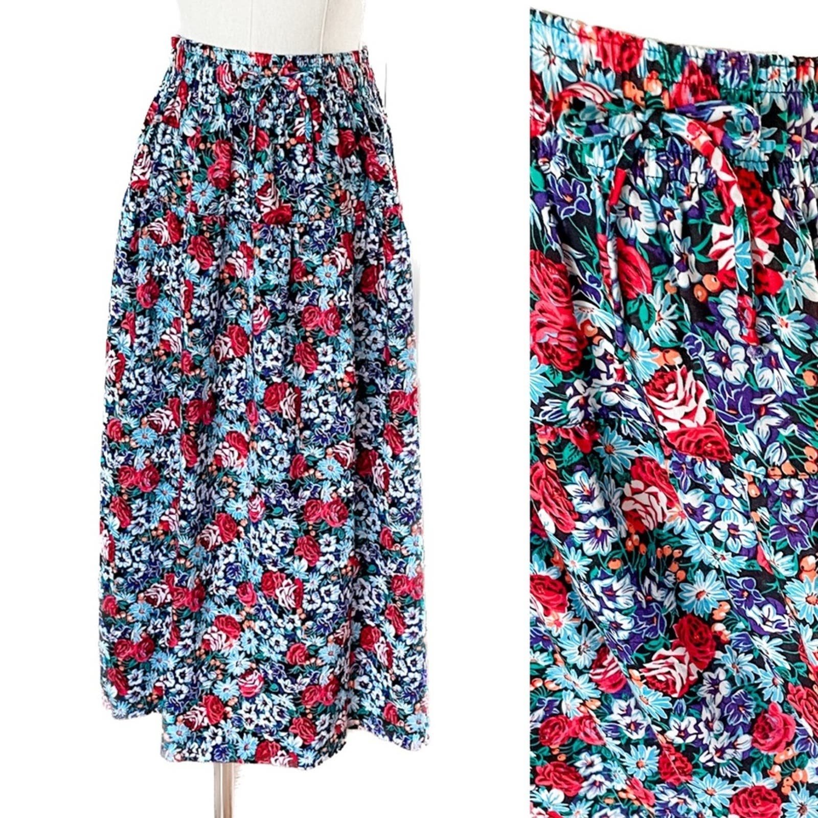 Classic Vintage 80s floral drop waist pull on midi skirt small - medium size S/M o0FAddXoZ Zero Profit 