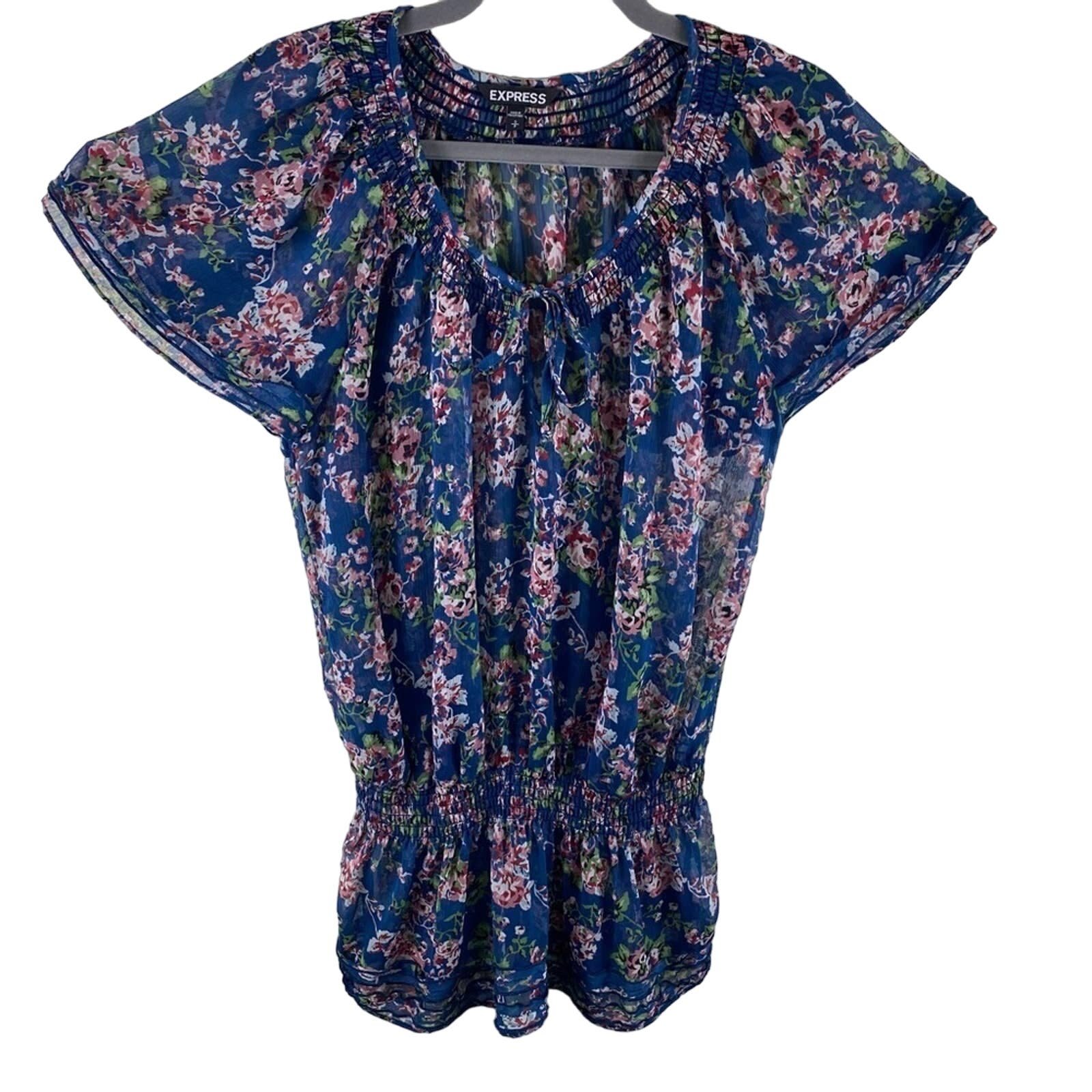 reasonable price Express Floral Print Flutter Sleeve Round Neck Sheer Lighweight Blouse Size S PifbA5jWW no tax