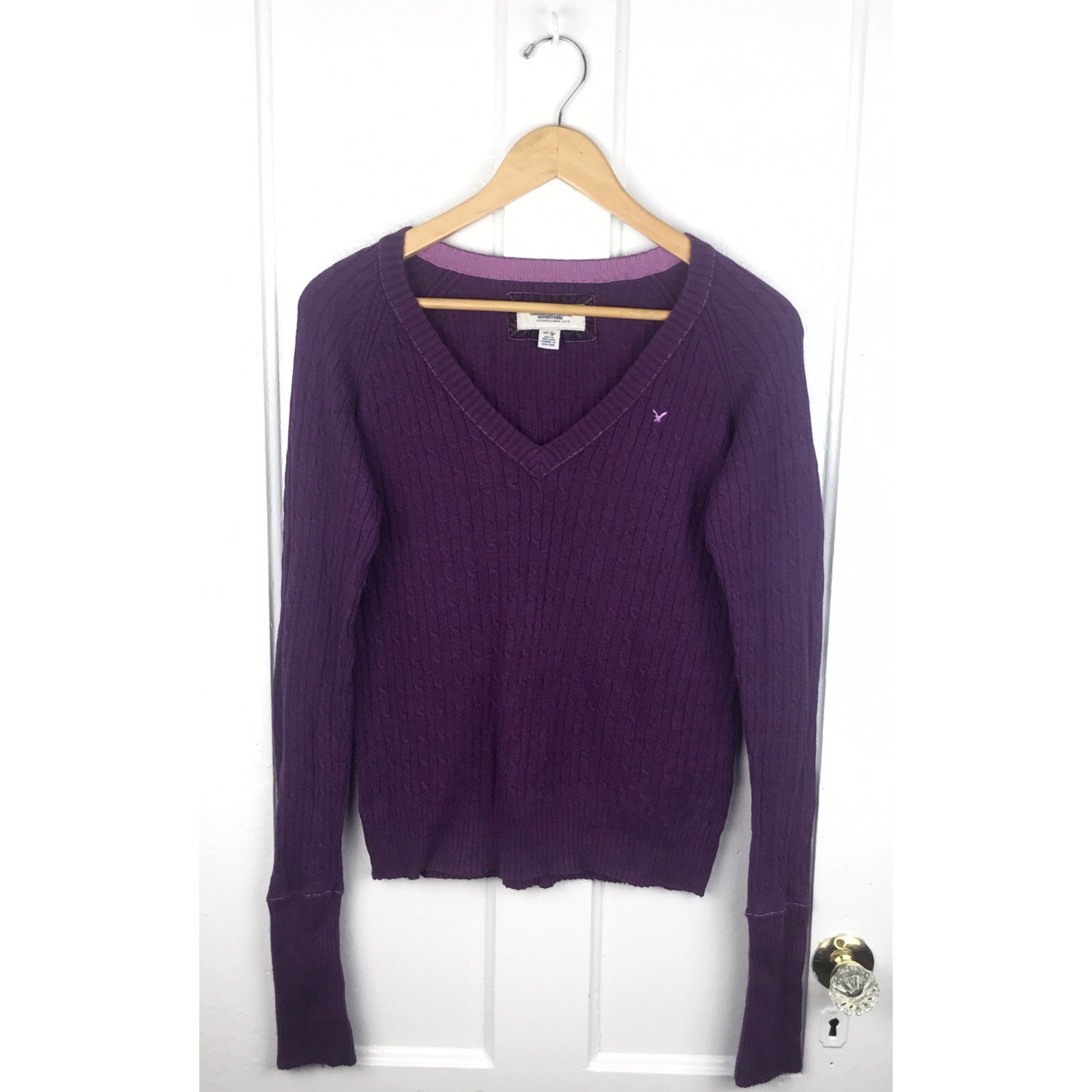Factory Direct  American Eagle Outfitters size L purple long sleeve v-neck cable-knit sweater iPhRvP86O Low Price