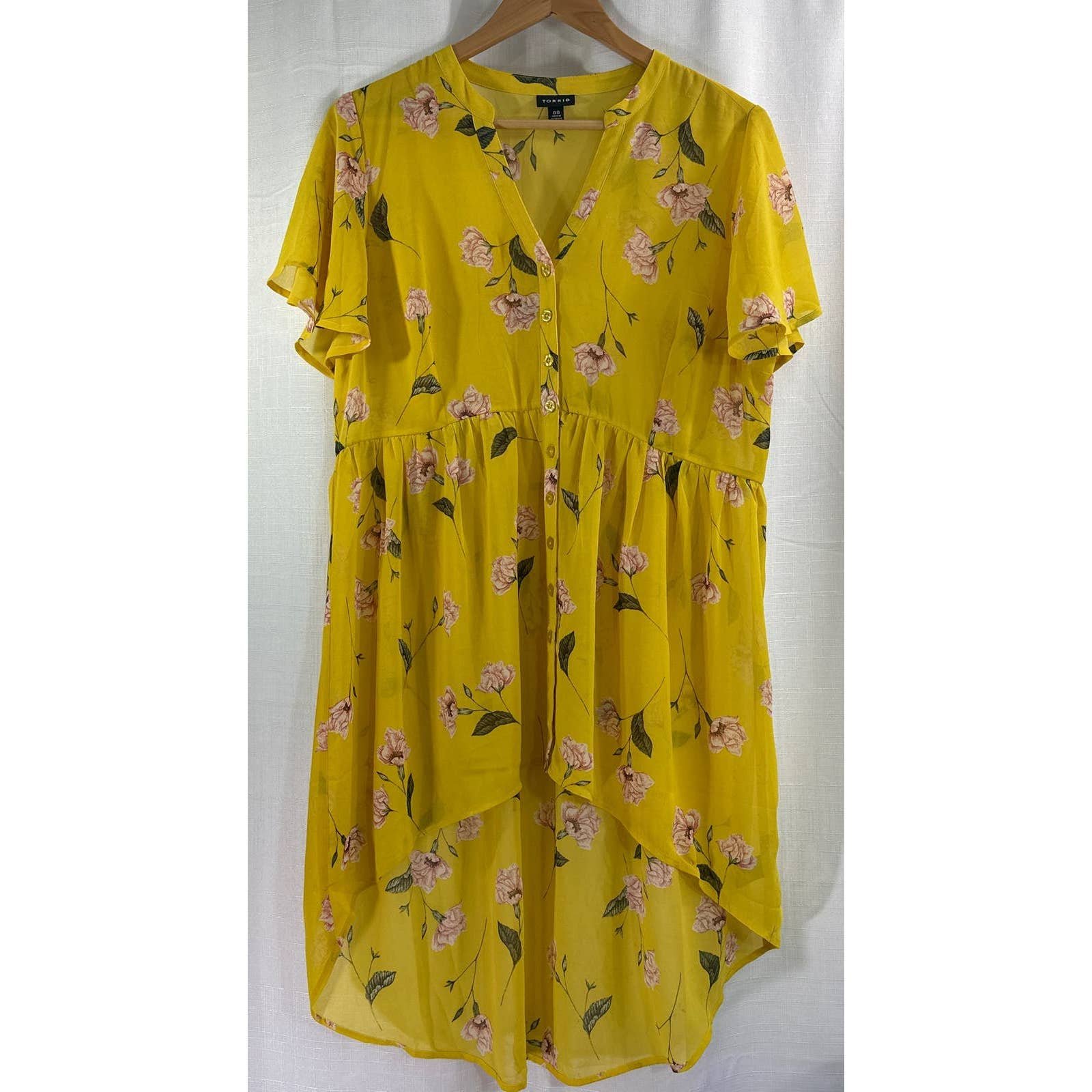 Latest  Torrid Yellow Floral Button Semi Sheer Chiffon Babydoll High Low Tunic Top 0X K6BoDxkaM just for you
