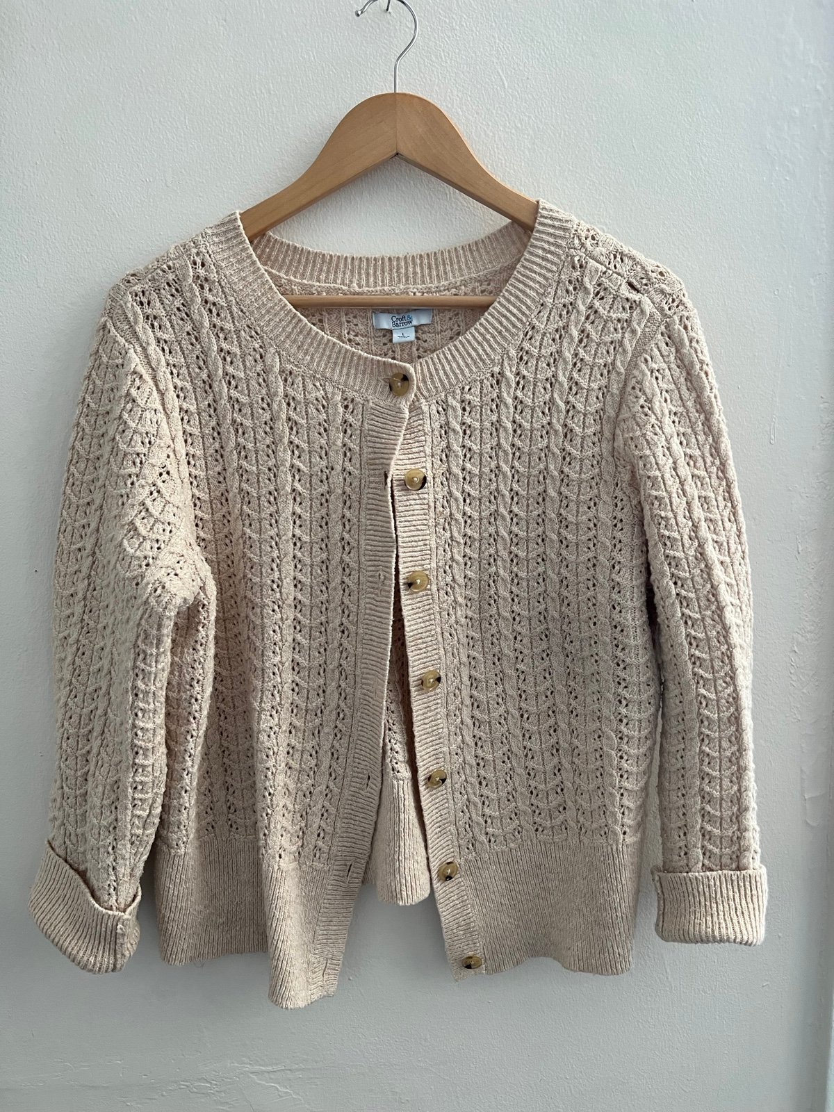 Amazing Coastal Grandmother Knit Sweater Beige L o510Pn