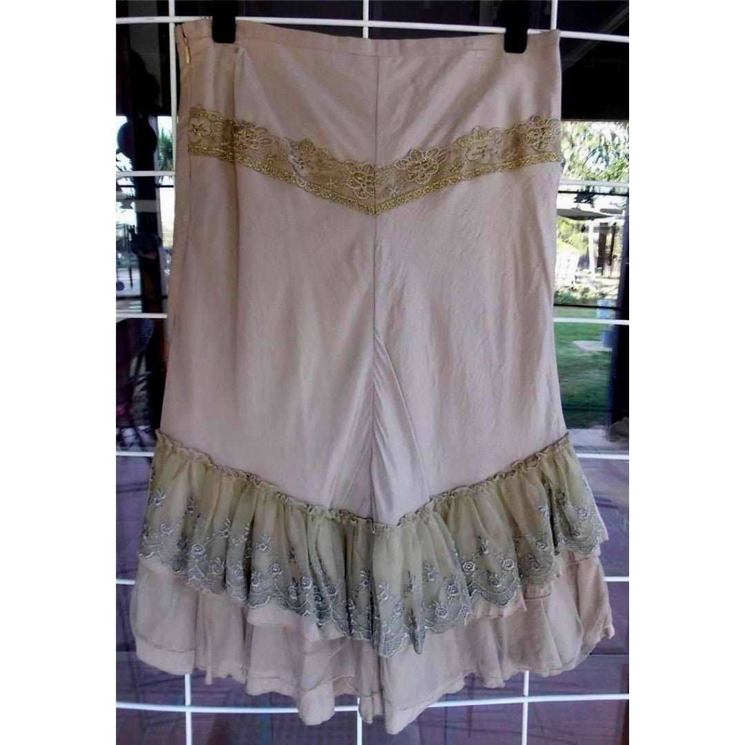 Amazing Pretty Angel Beige Layered Embroidered Lacy Ruffles Silk Blend Skirt Sz. M l8ATxymoy no tax