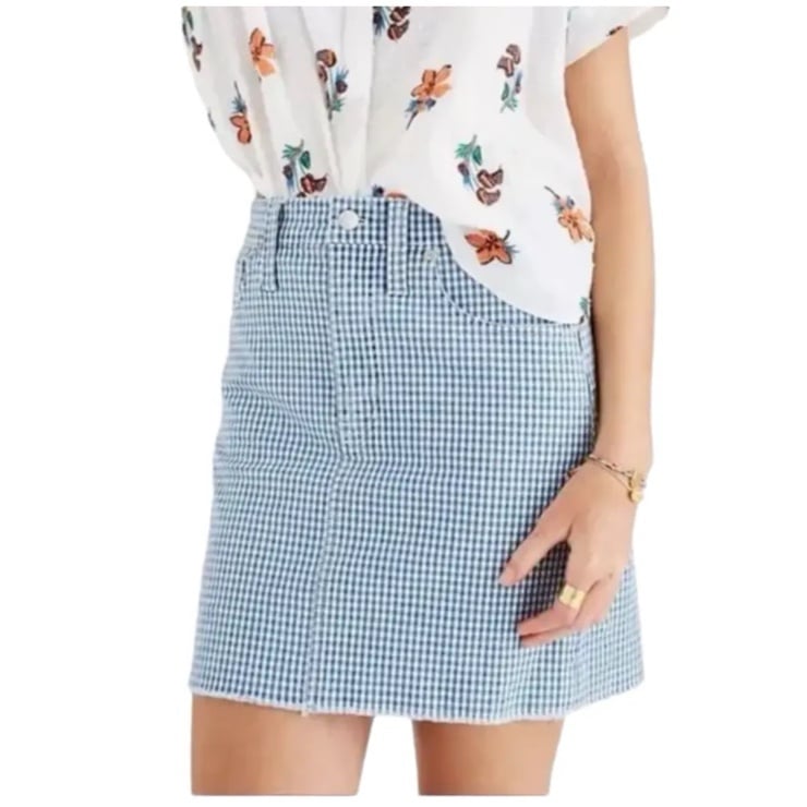 Beautiful Madewell Stretch Denim Straight Mini Skirt Blue Gingham Raw Hem Women´s Size 27 fysmeZIIF Discount