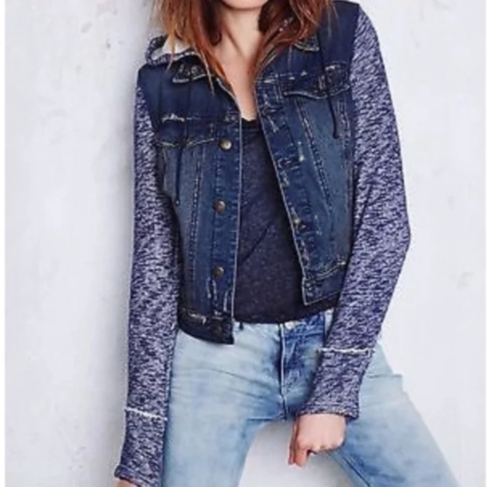 large discount Free People Distressed Knit Hooded Denim