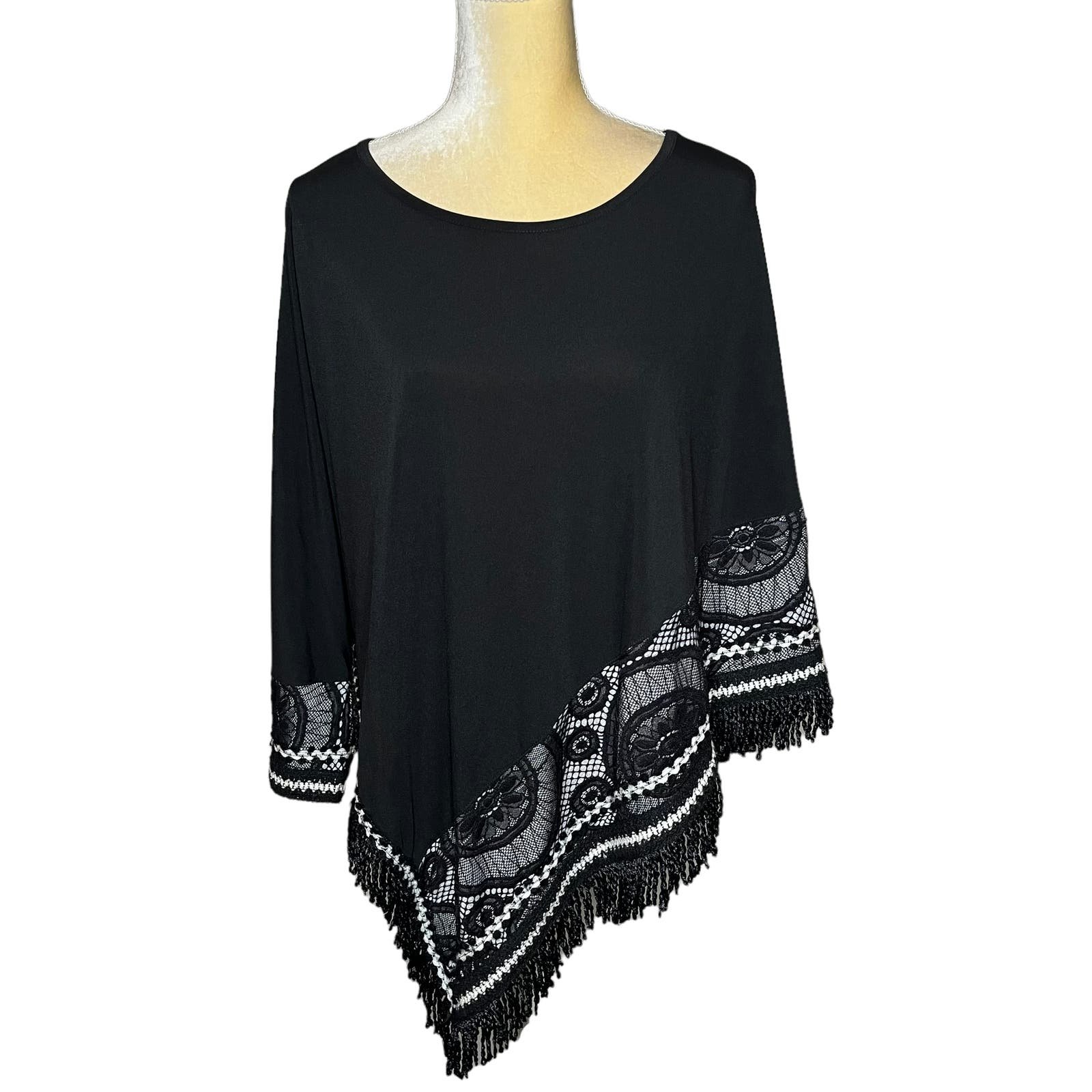 Fashion Dor Dor Couture Poncho Top Blouse Black w/ Fringe Asymmetrical Size Large IgA2MLRYC Store Online