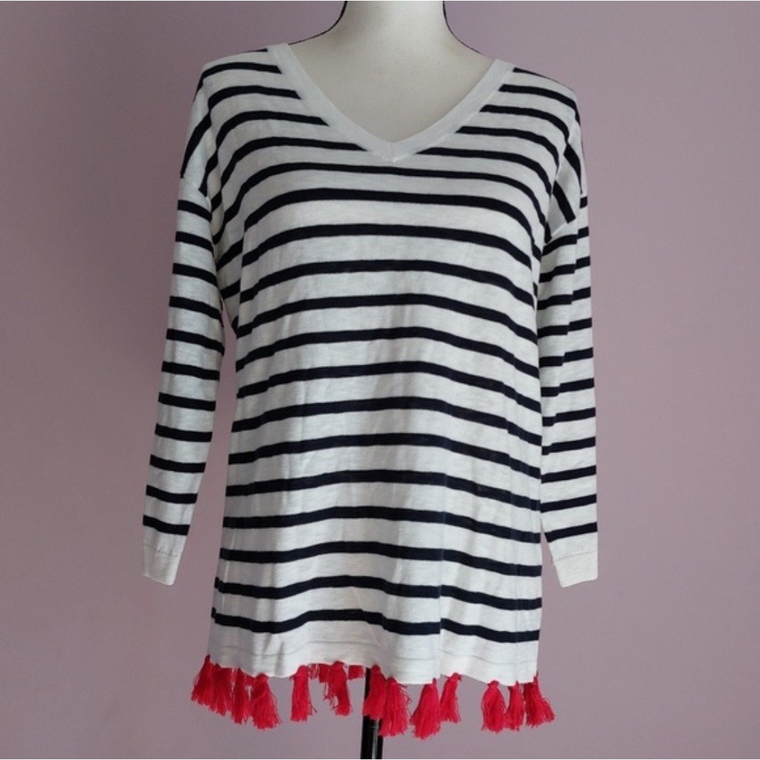 Comfortable Talbots Cotton Blend V-Neck Black White Stripe 3/4 Sleeves Knit Top Size S NWT IJgTL0Qrp hot sale