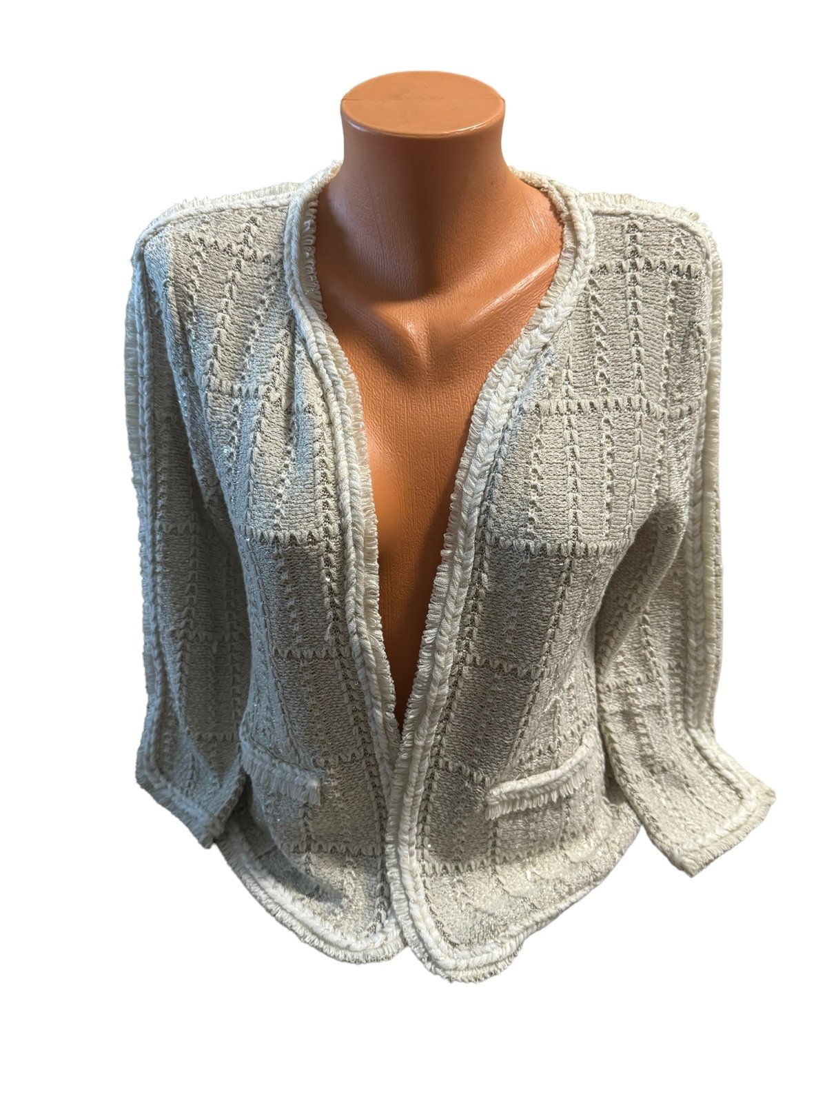 Exclusive Chicos Size 0 Open Cardigan Sweater Beige Women’s Small Nylon Open Knit Pockets HfrW5ODTf Low Price