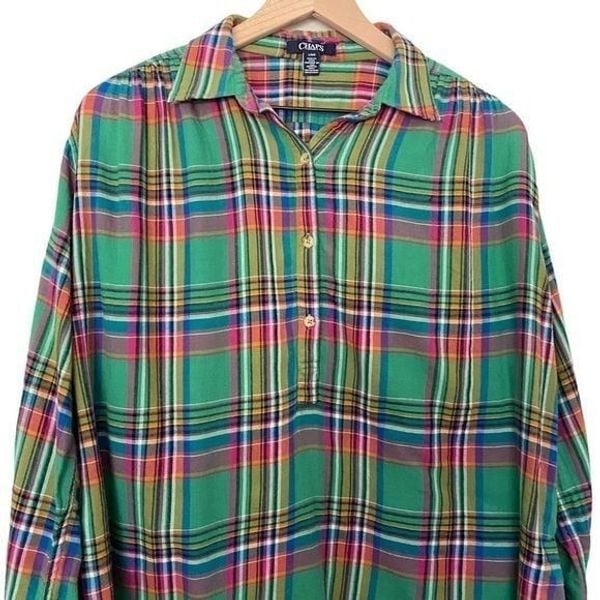 Affordable Women´s Chaps Denim Large Green Plaid Flannel Tunic Top Long Sleeve Po58Zvj9R US Sale