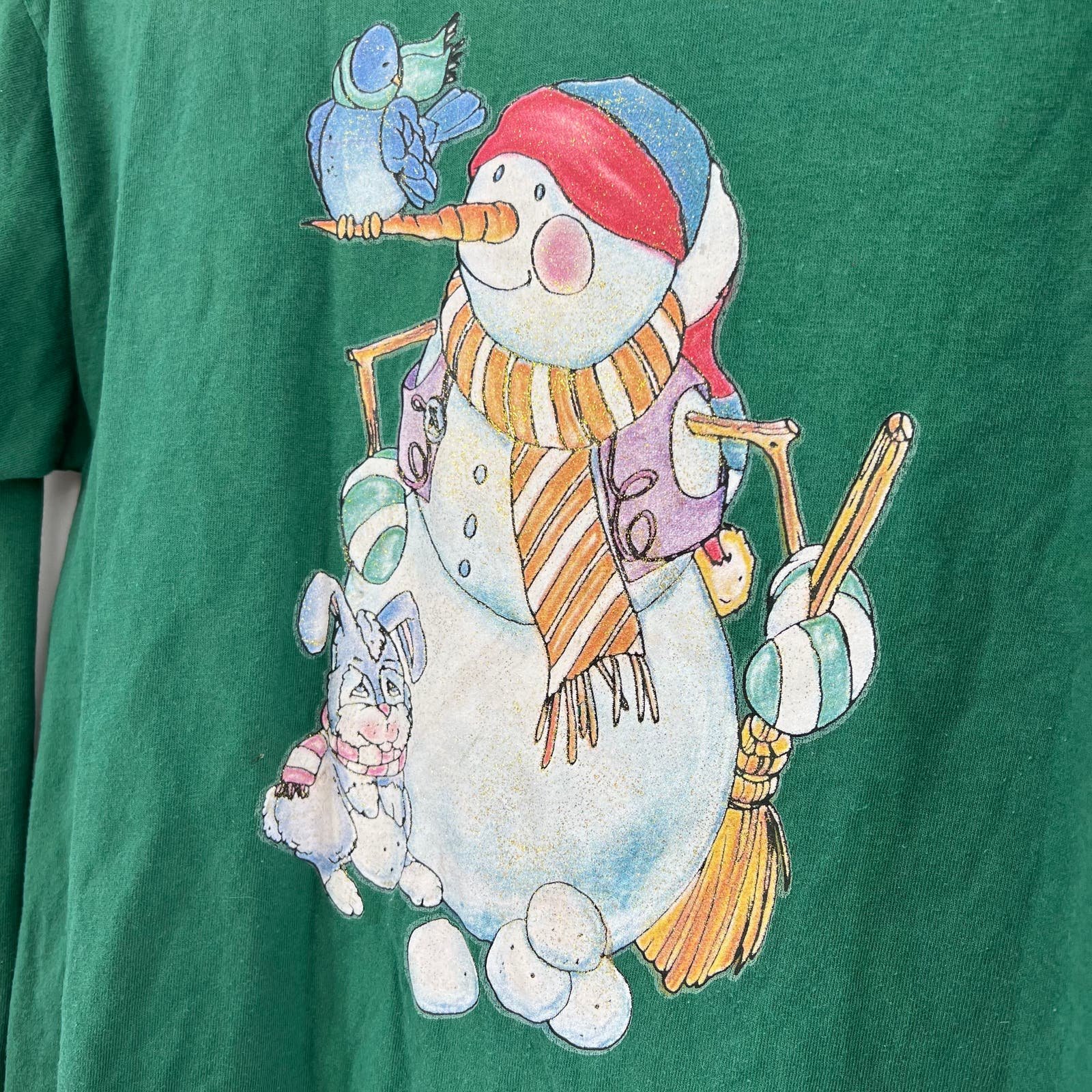 Stylish Murina (M) American VINTAGE 90s Green Snowman Nature Cartoon Art Tee Shirt HKZ52uvsG on sale