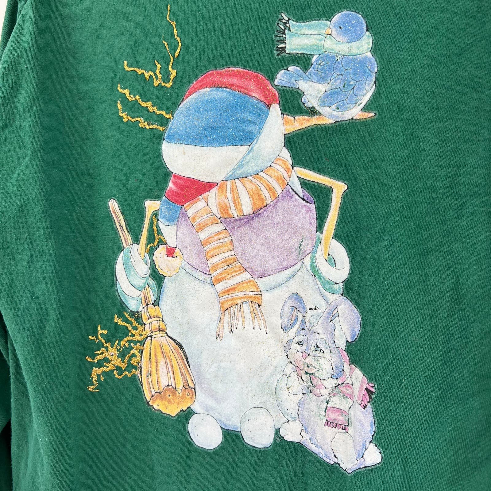 Stylish Murina (M) American VINTAGE 90s Green Snowman Nature Cartoon Art Tee Shirt HKZ52uvsG on sale