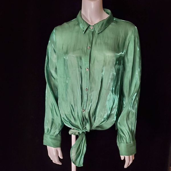 Elegant Vince Camuto Green Iridescent Button Down Long Sleeve Tie Front Shirt (M) NyNPyn70j Outlet Store