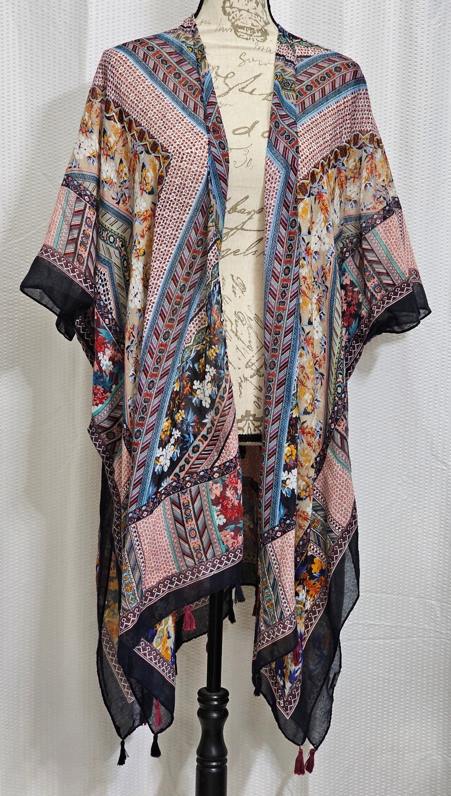 Great Angie boho kimono one size tassels patchwork and flowers print LRUIDgufi well sale