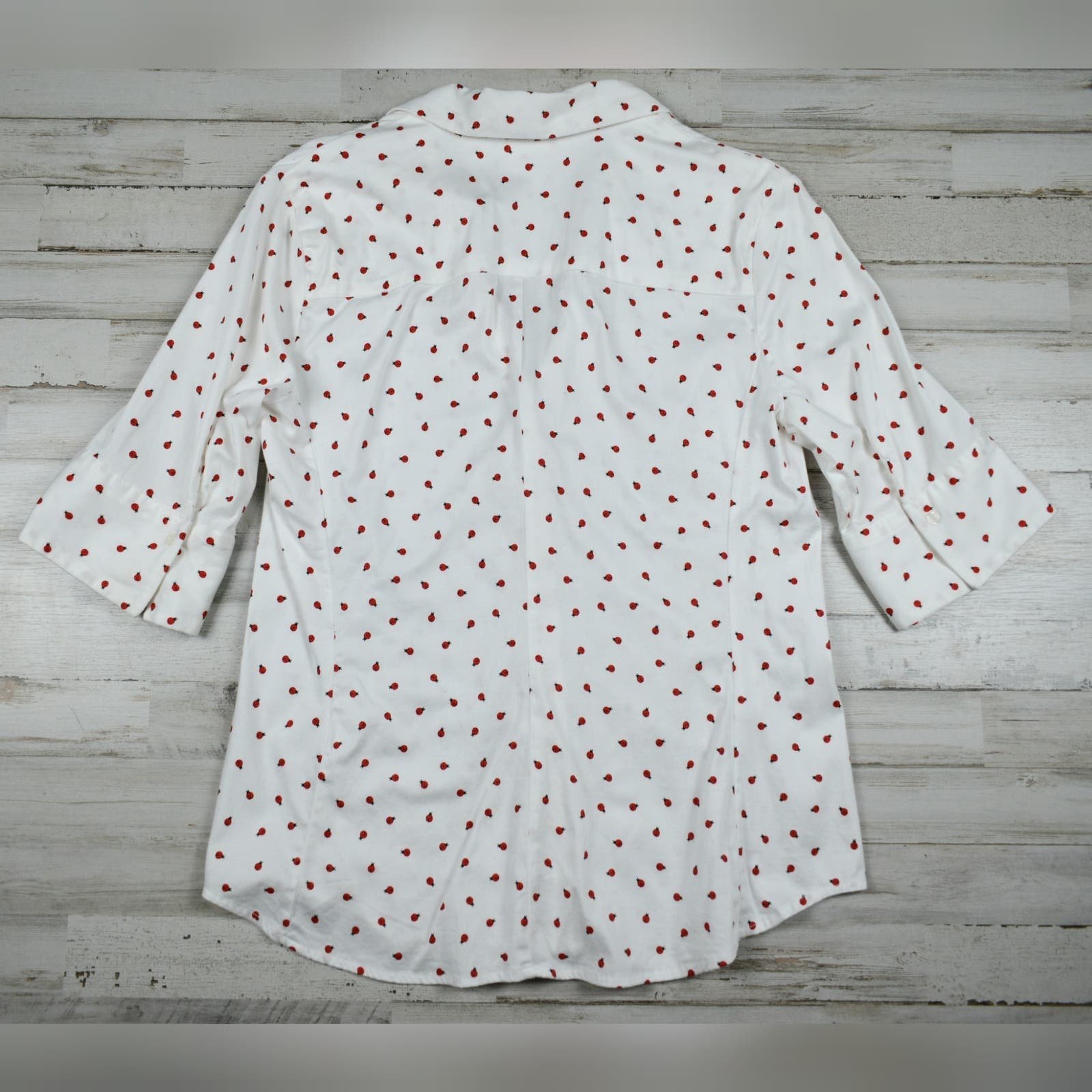 Nice Novelty red ladybug white button down half sleeve shirt New York & Co sz large oO3wI8FsR US Outlet