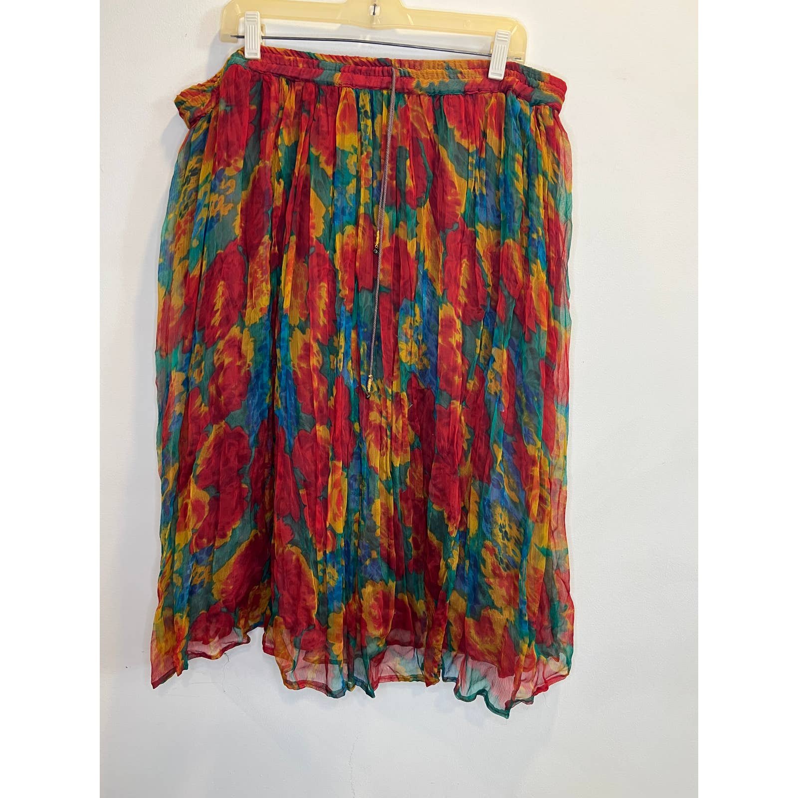 Latest  Vintage Mustard, Red and Teal Gauzey Pleated Sk