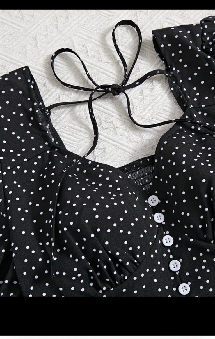 Personality SHEIN Polka Dot Puff Sleeve Shirred Tie Back Top & Ruffle Hem Skirt oeJuMyvIU Fashion