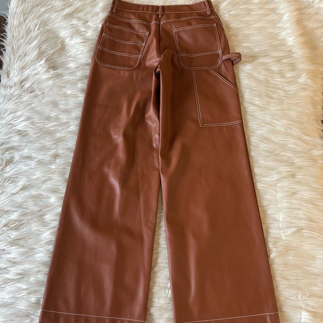 Amazing Staid Domino Soft Vegan Leather Wide Leg Pants in Whiskey MMBXrhyj5 Store Online