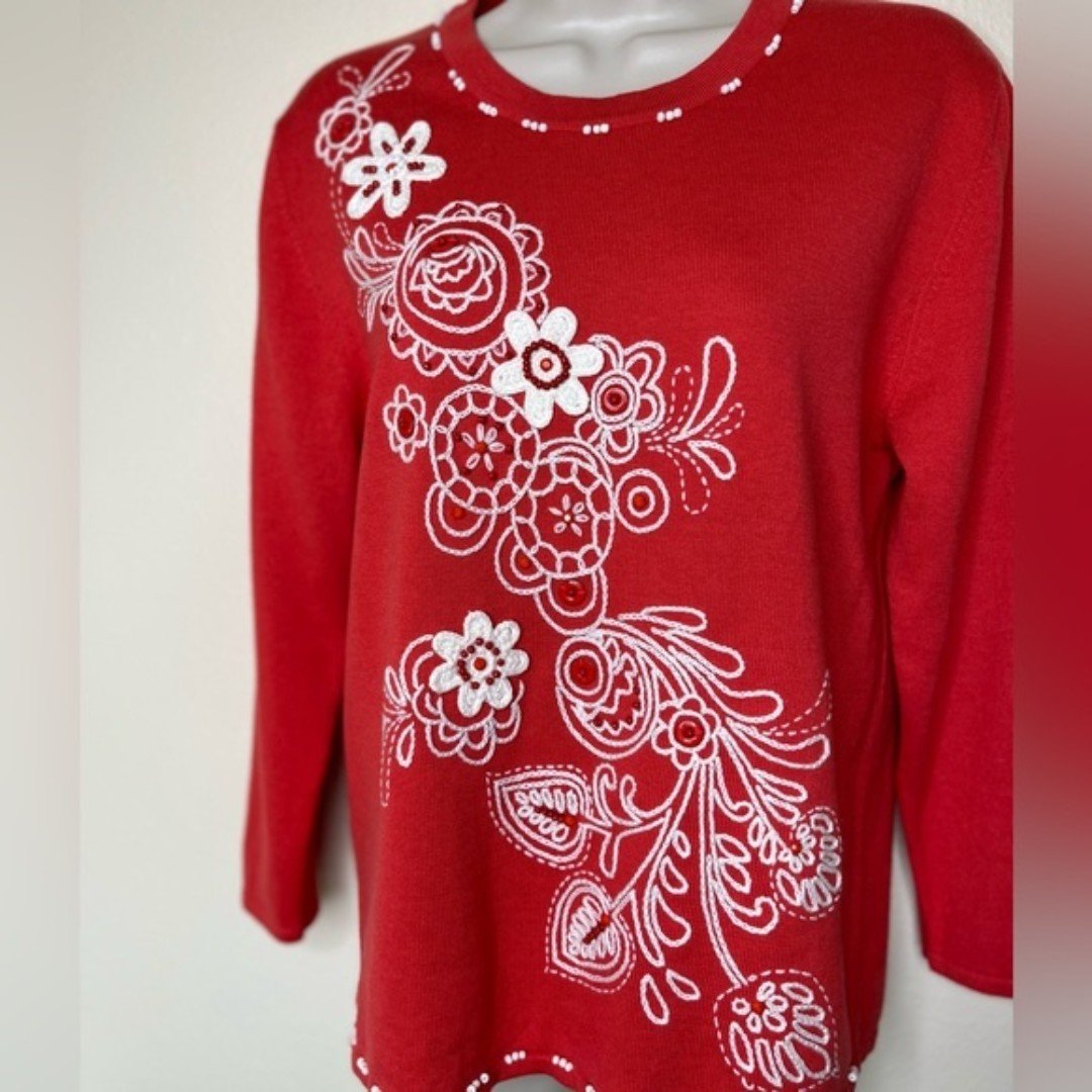 large discount Samantha Grey Beaded Embroidered Crochet White Red Orange Sweater Women Medium ot7aUMshJ online store