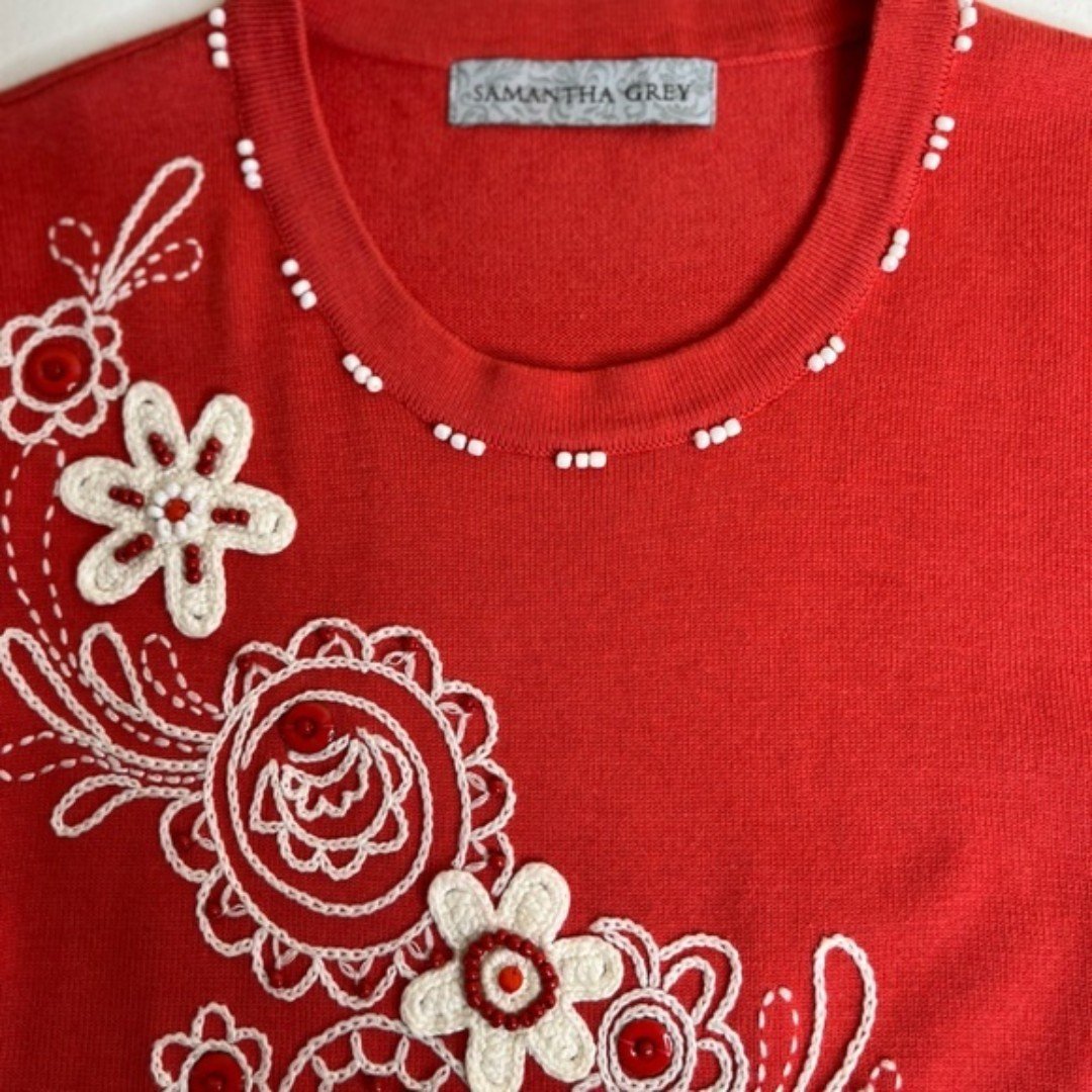 large discount Samantha Grey Beaded Embroidered Crochet White Red Orange Sweater Women Medium ot7aUMshJ online store