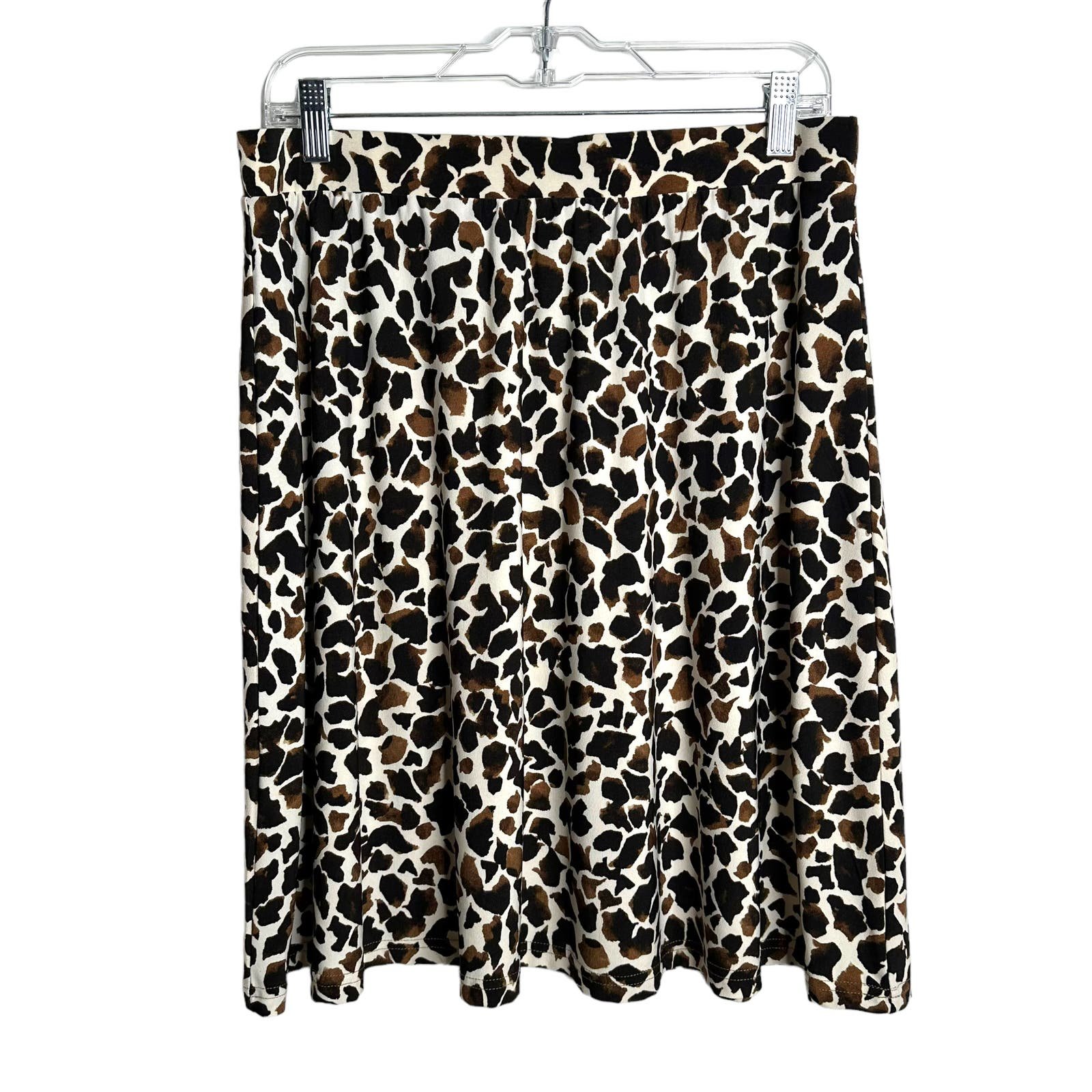 large discount Leota women midi circle skirt elastic cream brown black giraffe print animal L m0R8fgGyx Outlet Store