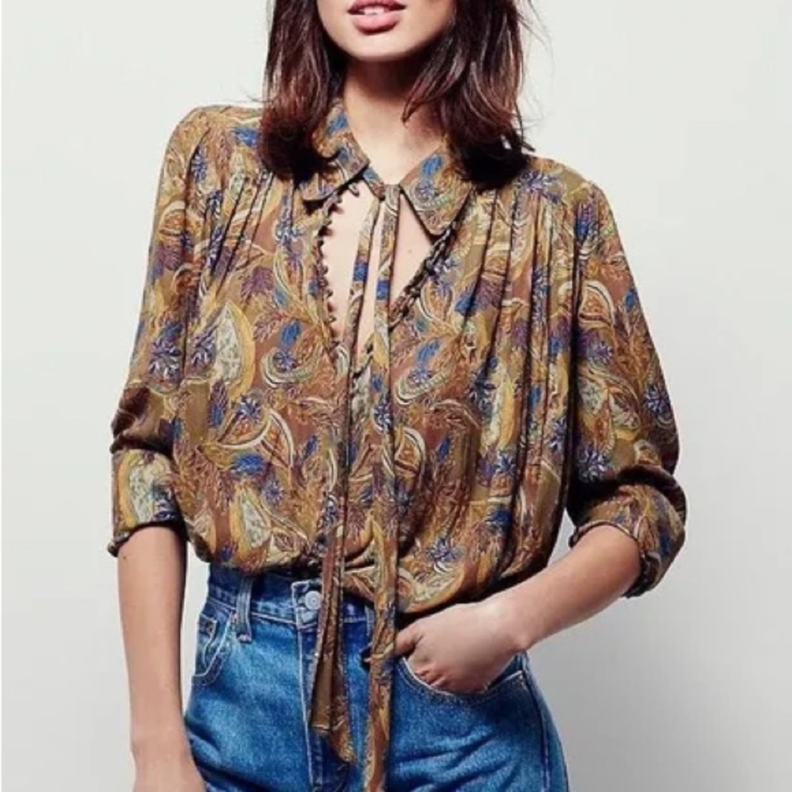 Latest  Free People Button Up Green & Blue Blouse Mediu