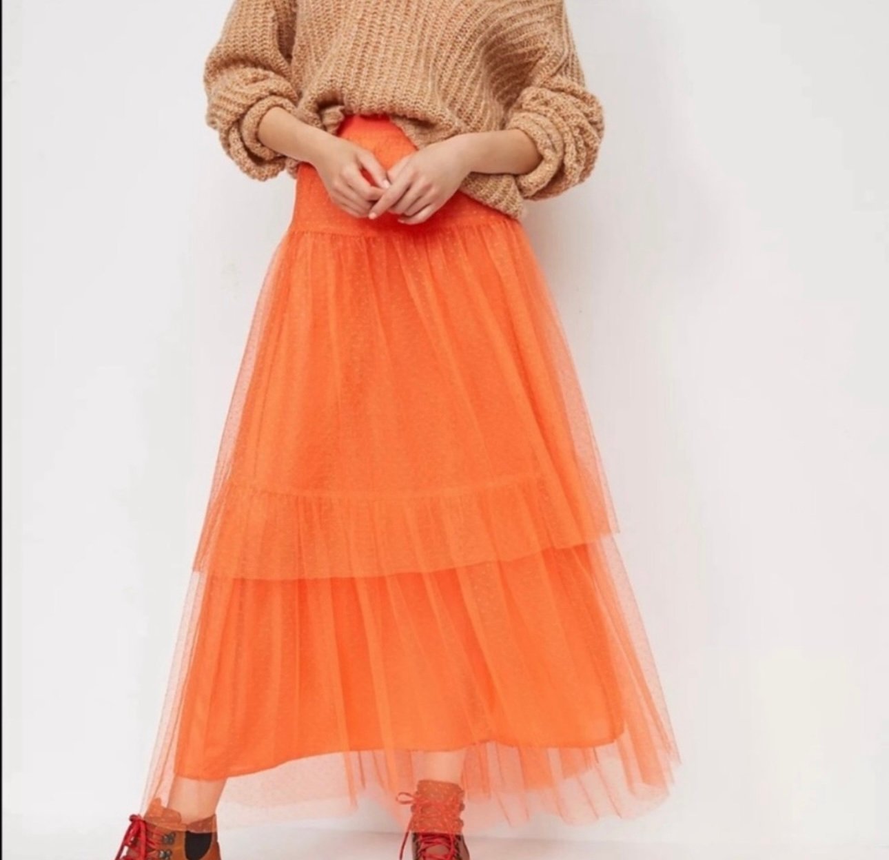 large selection ANTHROPOLOGIE Evelyn Tiered Tulle Lace MIDI Skirt Orange SIZE L OT61UNp0e outlet online shop