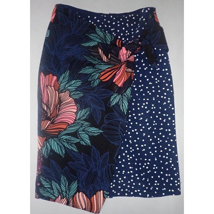 Stylish ANTHROPOLOGIE Skirt Sz 6 Maeve Faux Wrap Mixed Floral Polkadot Print Knit Blue IFBuBVr3n on sale