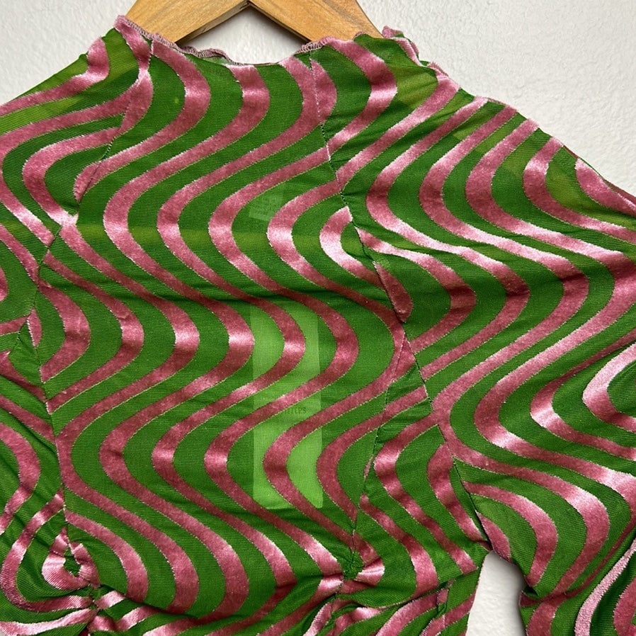 Personality Urban Outfitters Pink & Green Swirl Scrunch Velvet Long Sleeve See Through Top kdnlIRsVz Fashion