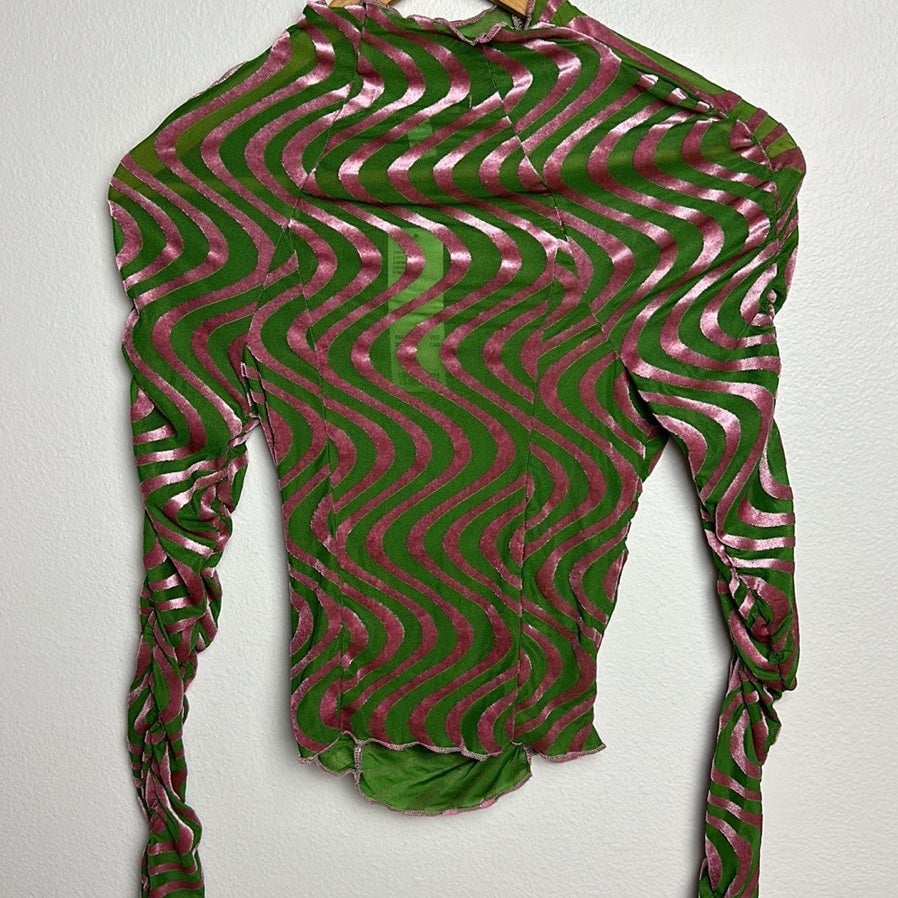 Personality Urban Outfitters Pink & Green Swirl Scrunch Velvet Long Sleeve See Through Top kdnlIRsVz Fashion