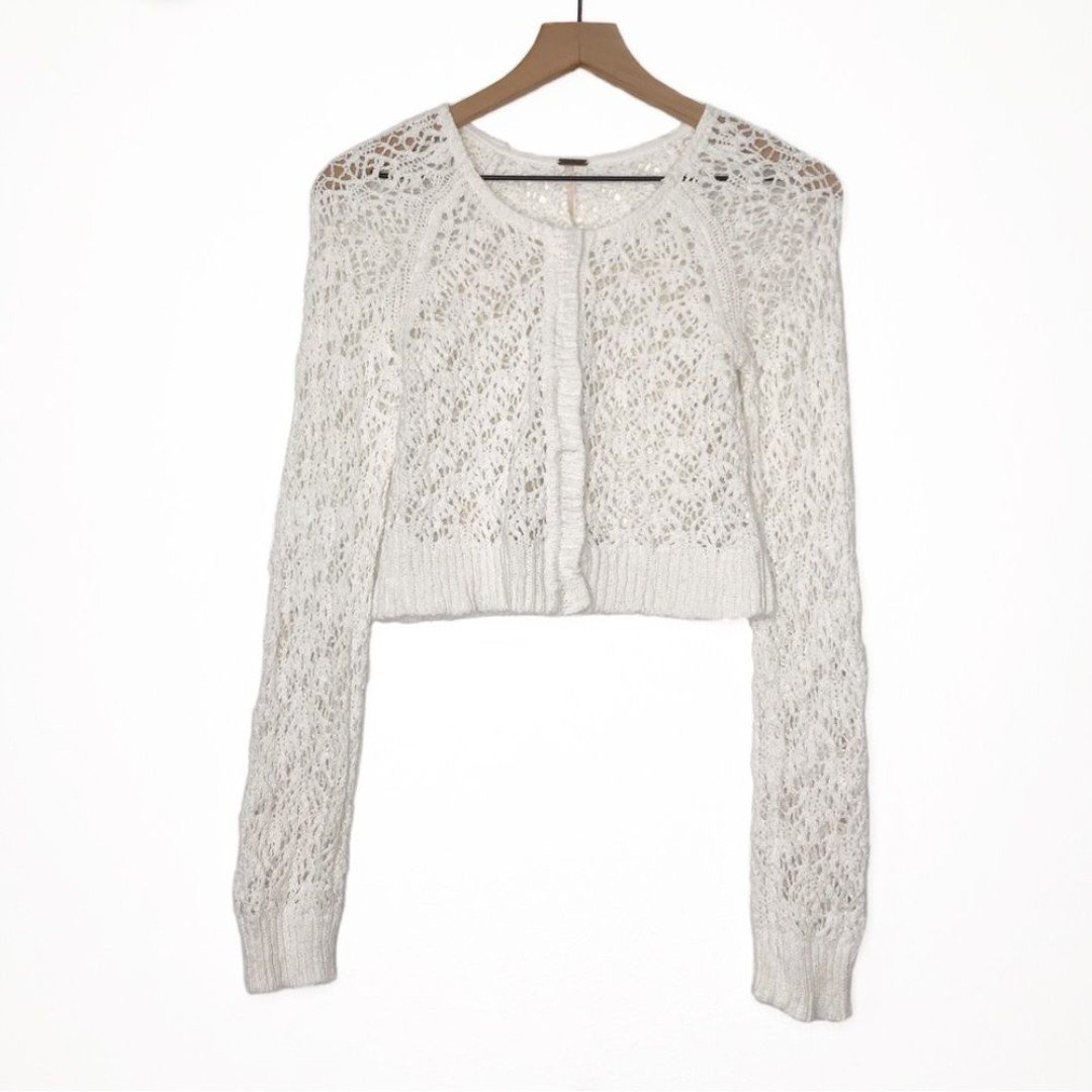 big discount FREE PEOPLE White Knit Crochet Crop Cardig