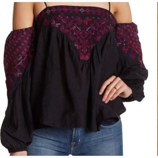 high discount Free People Womens Top Black XS Off-the-Shoulder Embroidered Blouse fx54IHPfA New Style