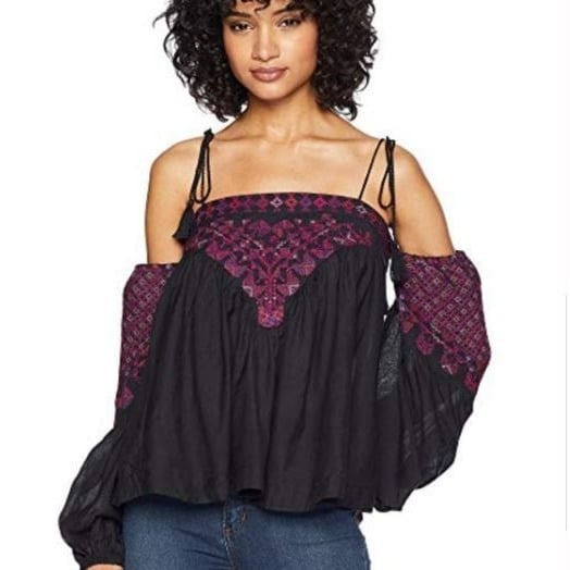 high discount Free People Womens Top Black XS Off-the-Shoulder Embroidered Blouse fx54IHPfA New Style