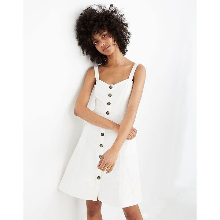 Stylish Madewell Button Front Linen Cotton Tank Dress W