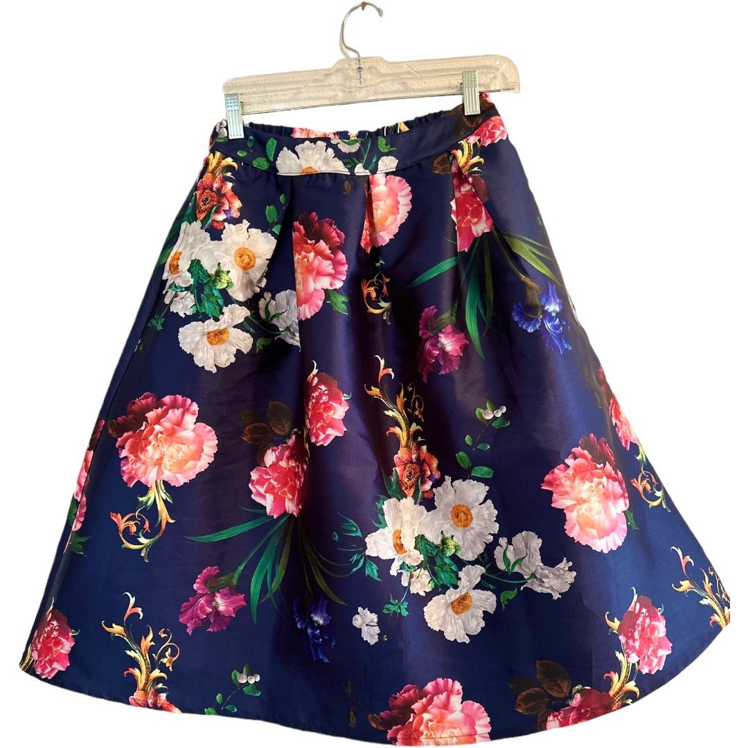 Cheap Lara Fashion Satin Navy Floral Skirt, Hidden Pock
