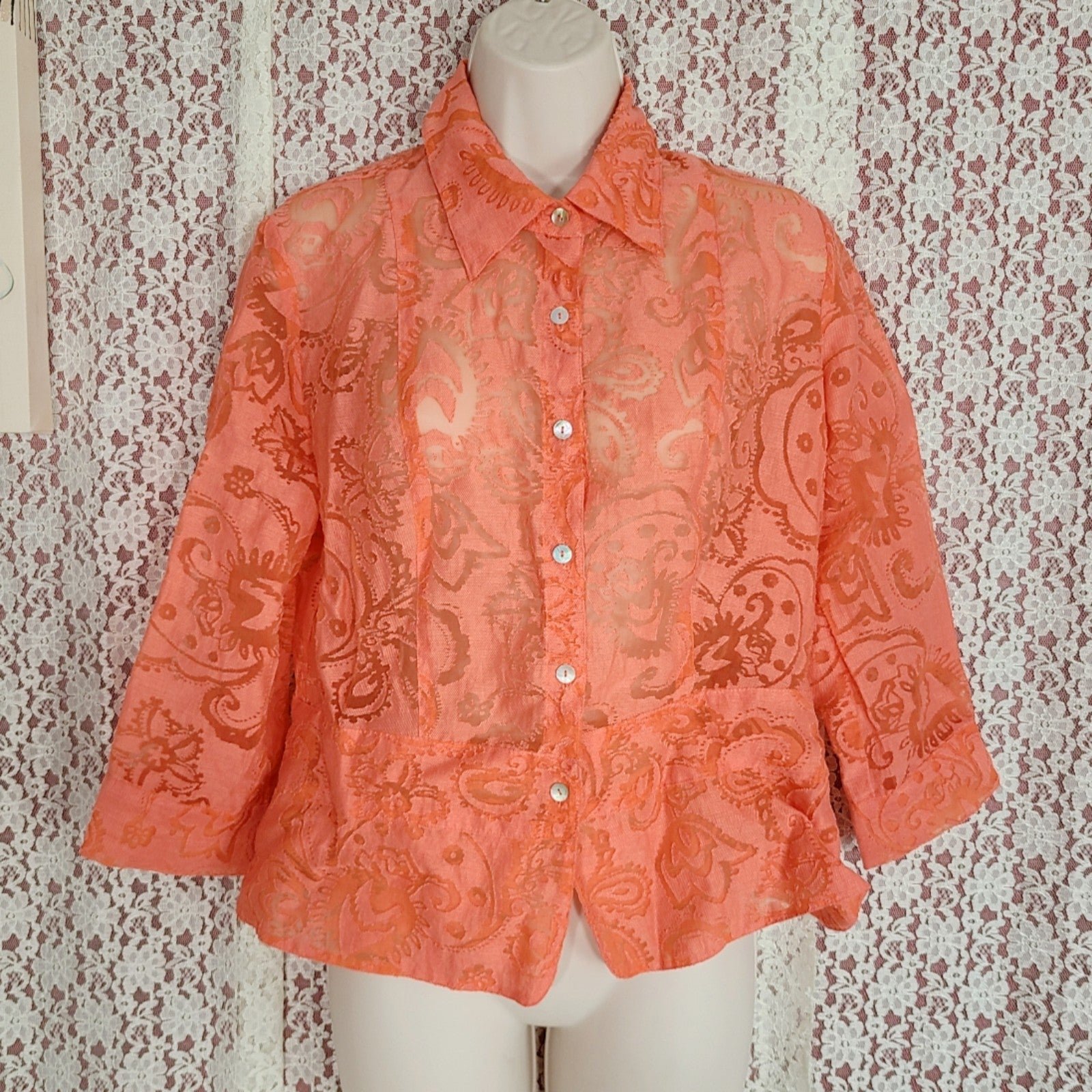 save up to 70% Vintage 90s Notations Petites Salmon pink sheer paisley button down blouse M Nq2Oxxdud well sale