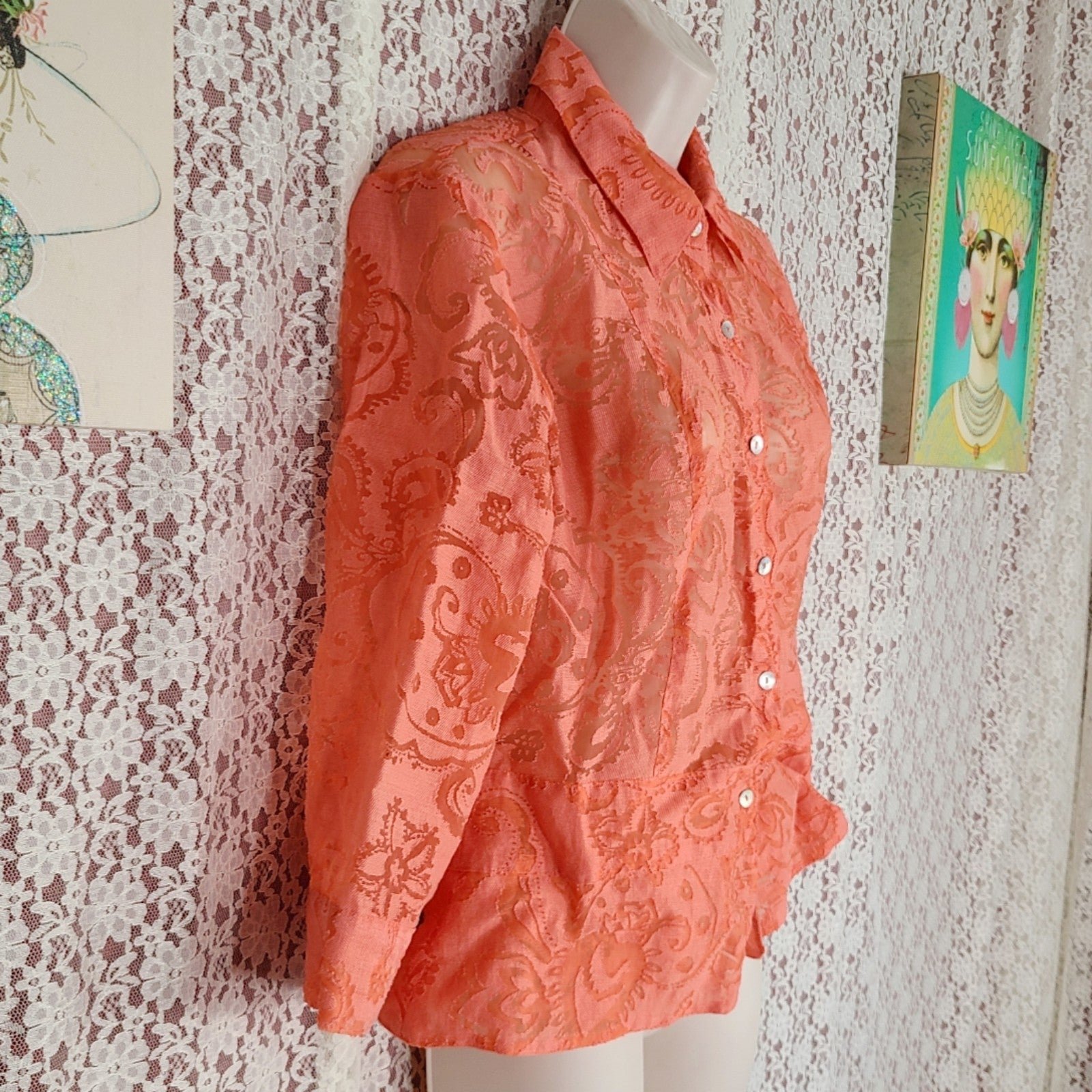 save up to 70% Vintage 90s Notations Petites Salmon pink sheer paisley button down blouse M Nq2Oxxdud well sale