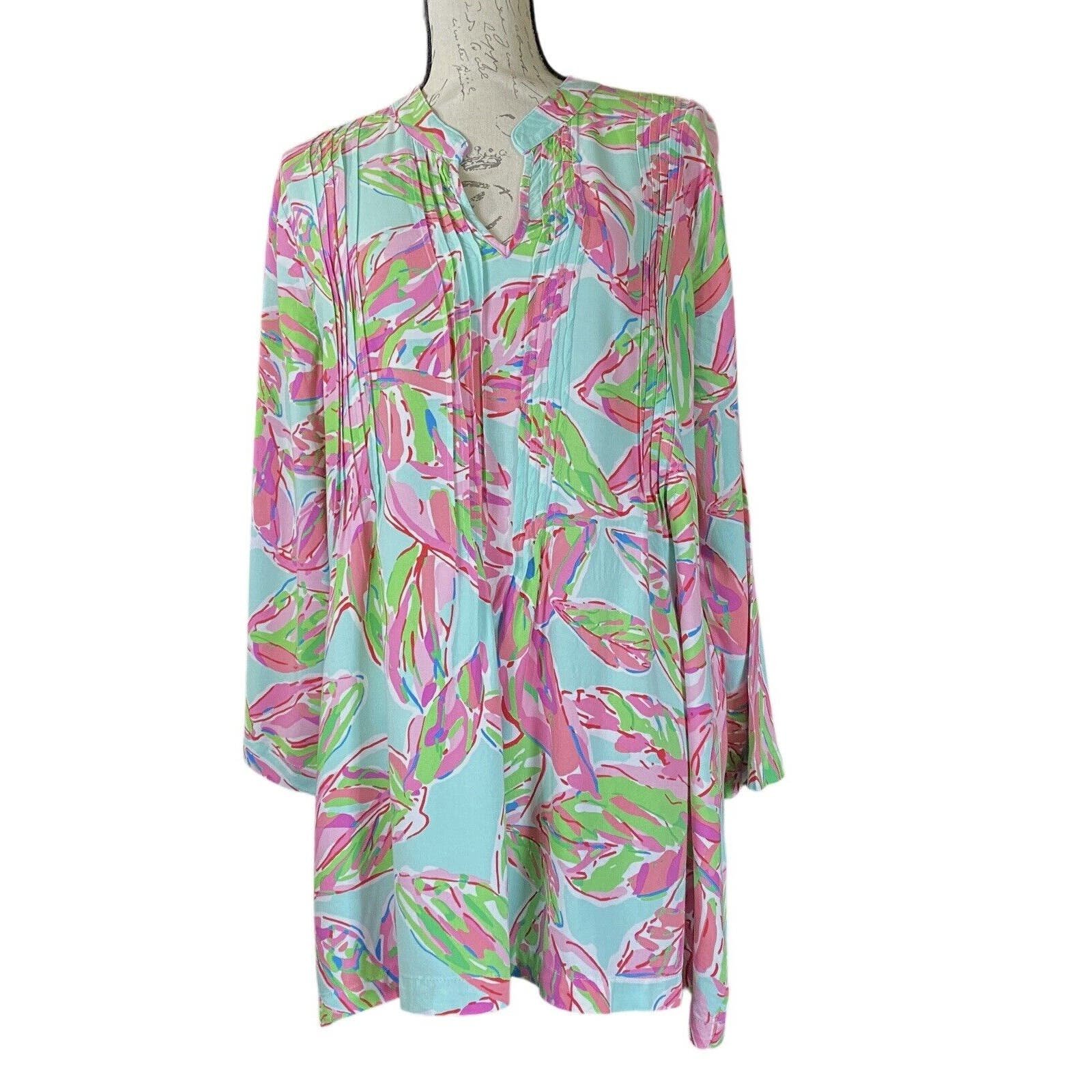 good price Lilly Pulitzer Sarasota Womens XL Tunic Dress Pintuck Pink/Green Tropical Print o6efwcMPz online store