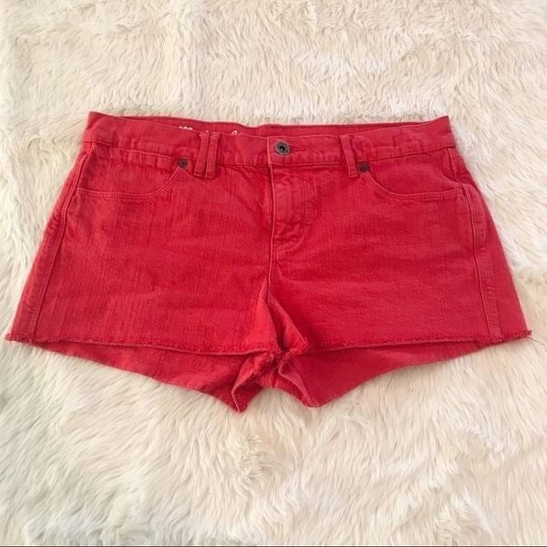 Fashion MADEWELL Red Denim Cutoff Shorts Frayed Distres