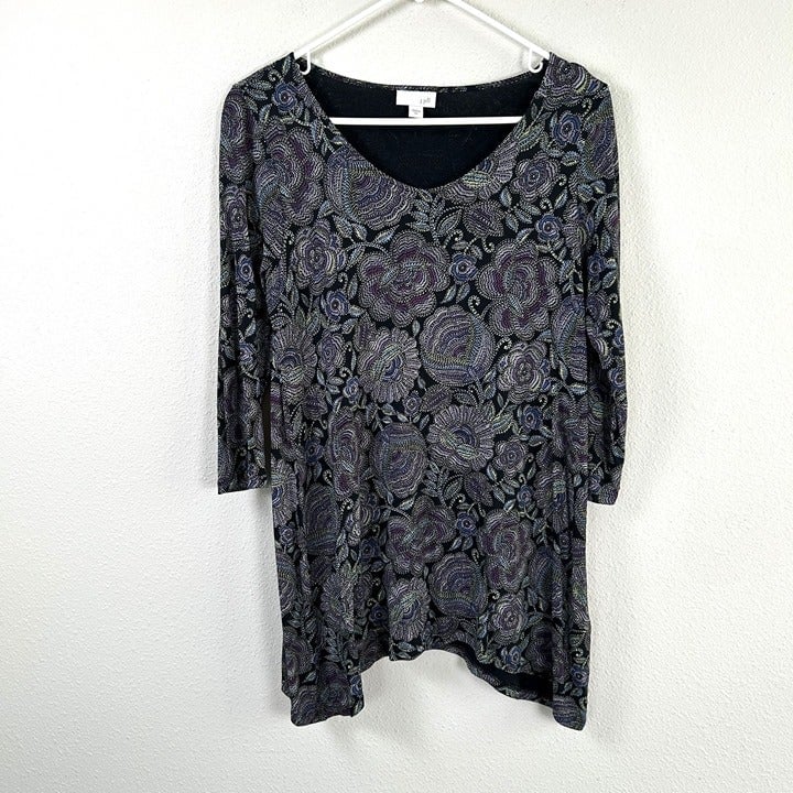 Classic J Jill Top Womens Size XS Black Multicolor Floral 3/4 Sleeve Tunic Pullover OSkM9O1Q9 just for you