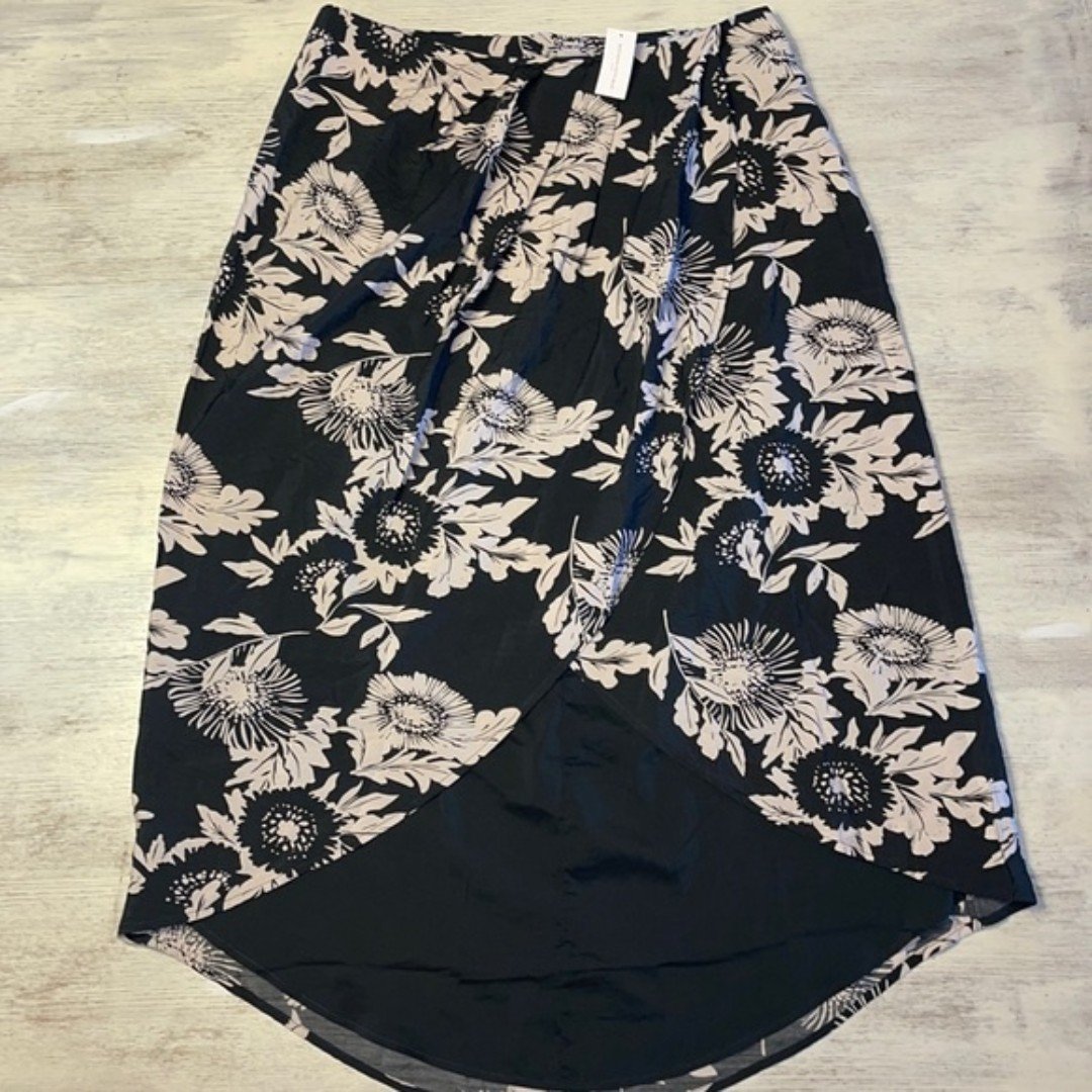 good price NWT Banana Republic Drape Front Faux Wrap High Low Black Cream Floral Skirt 14 fui9h88nV Wholesale