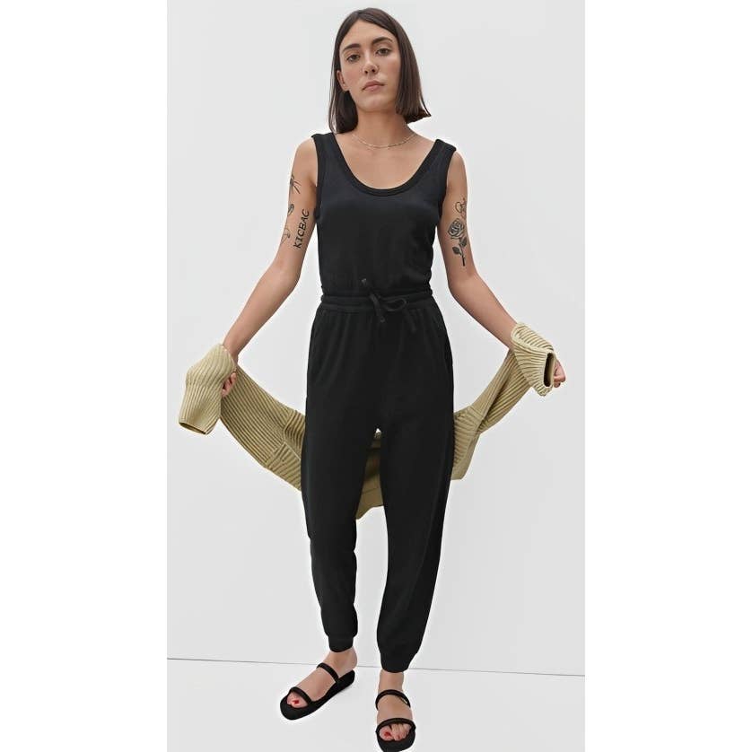 floor price Everlane The French Terry Tie Jumpsuit in Black Small Sleeveless Tapered Leg KBClagOdZ High Quaity