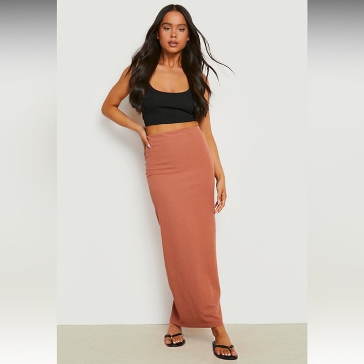 Affordable Boohoo Petite Ripple Ribbed Maxi Skirt In Rust Size 12 PduIS6N1n High Quaity