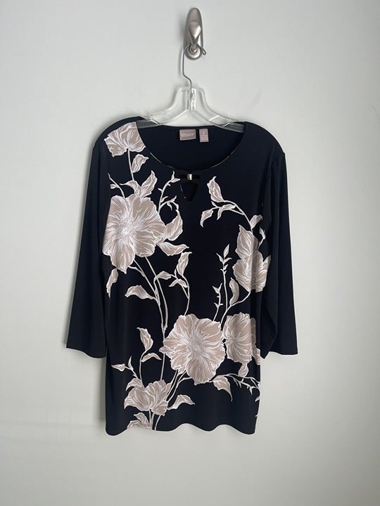 Comfortable Chicos 2 Black Floral 3/4 Sleeve Tunic Cutout Detail Women´s MOyeeSTGi just buy it