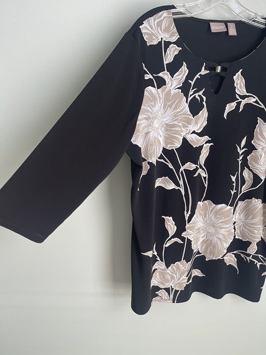 Comfortable Chicos 2 Black Floral 3/4 Sleeve Tunic Cutout Detail Women´s MOyeeSTGi just buy it