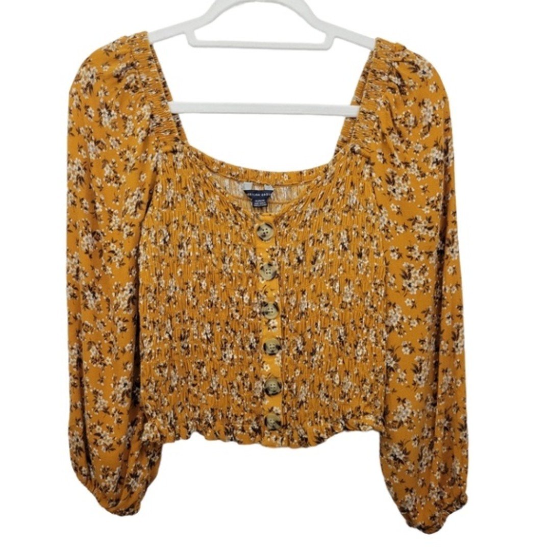 Great American Eagle Yellow Floral Smocked Cropped Top 