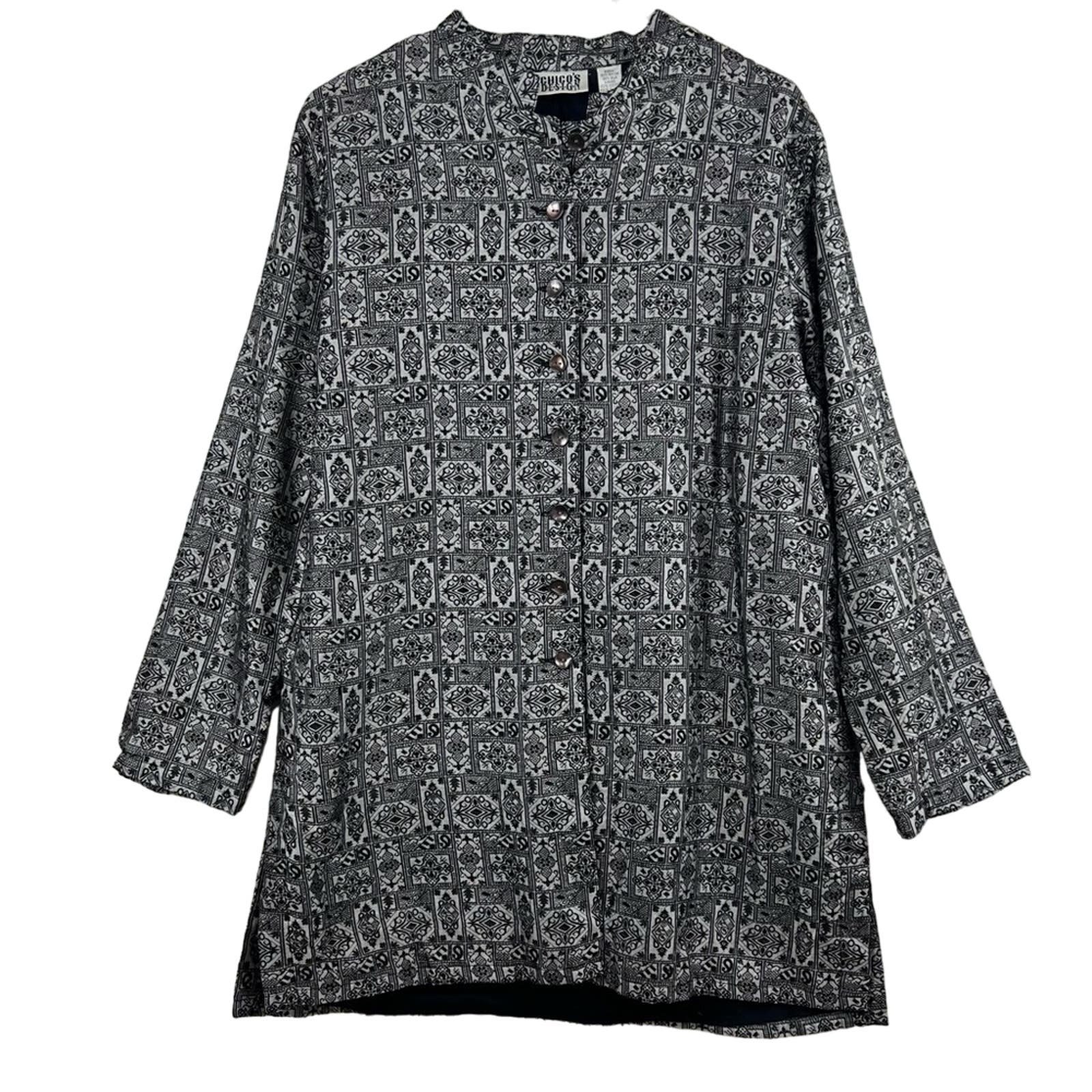 Perfect Chico´s Design Gray Black Printed Silk Blend Button Up Tunic Shirt Size L P9LV4BRwn Counter Genuine 