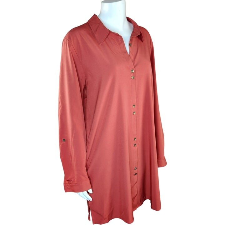 floor price Susan Graver Regular Stretch Woven Button Front Duster- Sunbaked Clay, Size M OCfAspxpr High Quaity