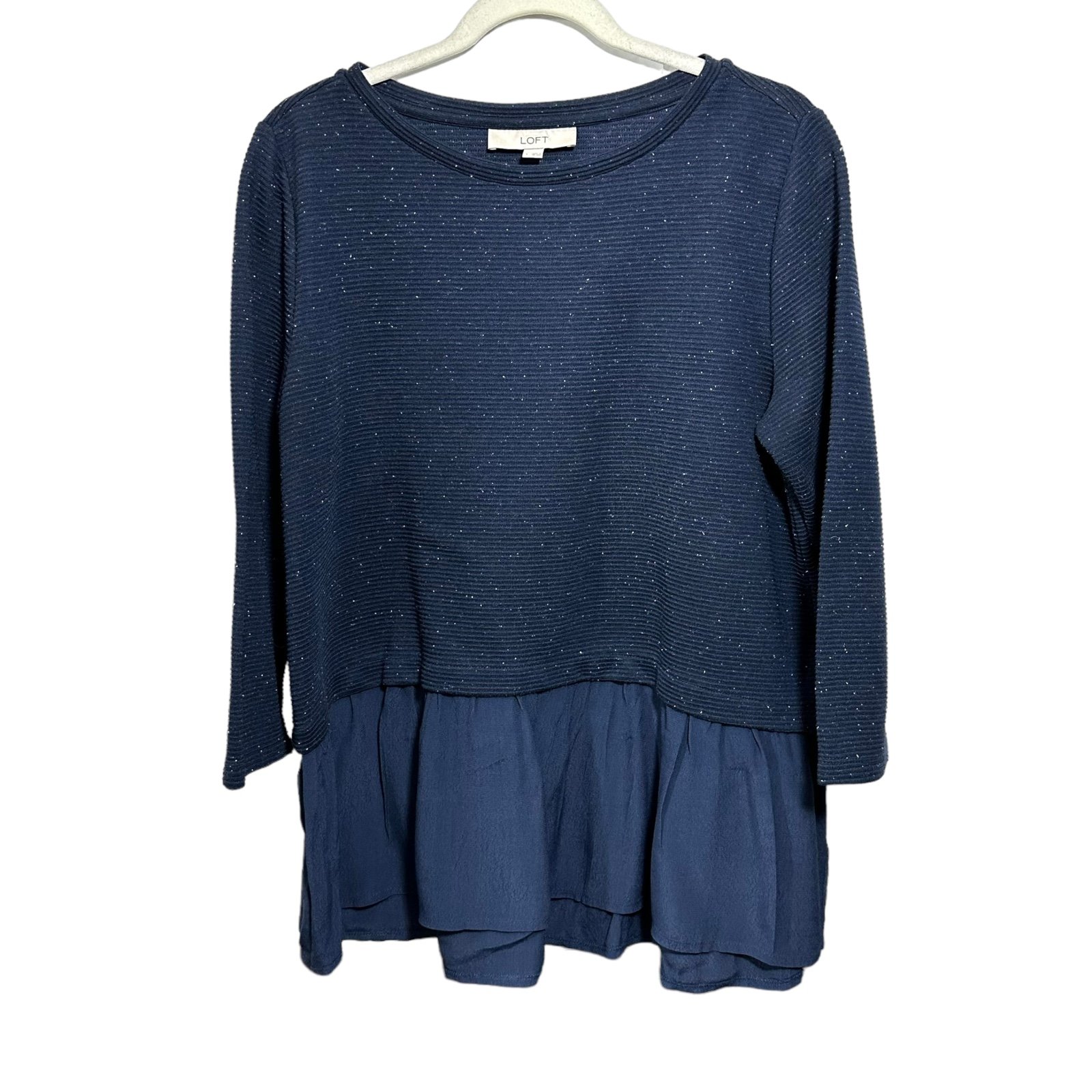 big discount Ann Taylor LOFT Sz L Flecked Two In One Sweater Peplum Top Ruffle Navy Blue ftuZwPY63 Online Exclusive
